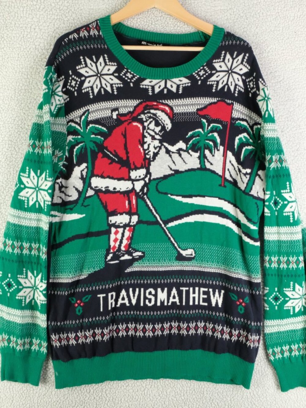 Travis Mathew Christmas Sweater Mens Large Green Blue Knit Santa Golfing